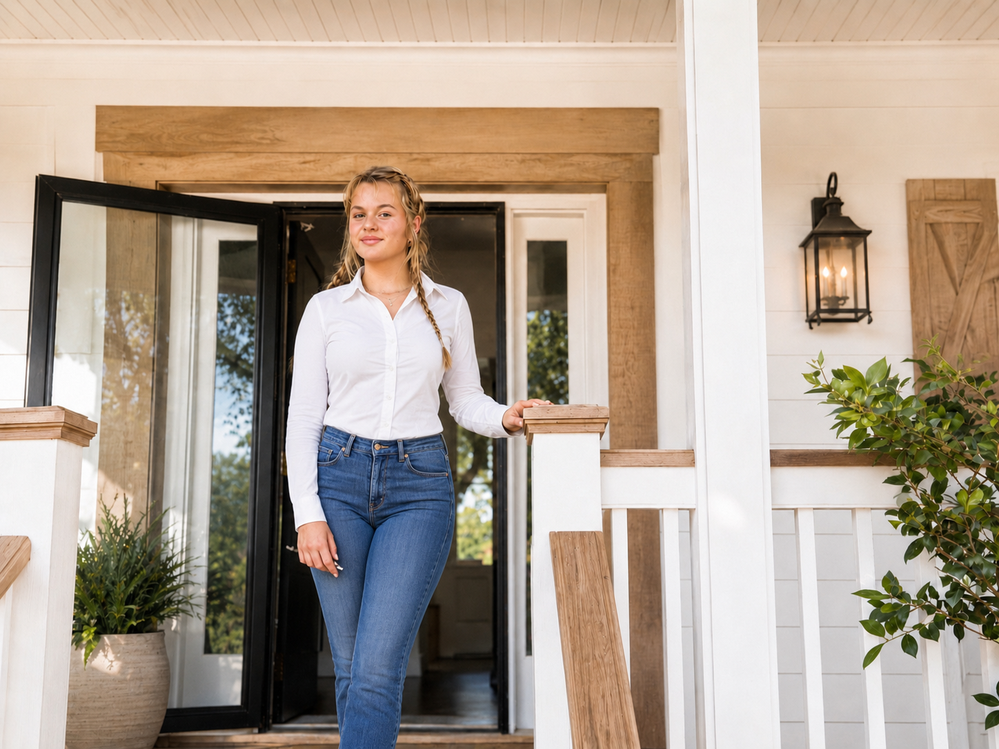 Raegan Sproul, founder of Hand & Home, on the porch of a home