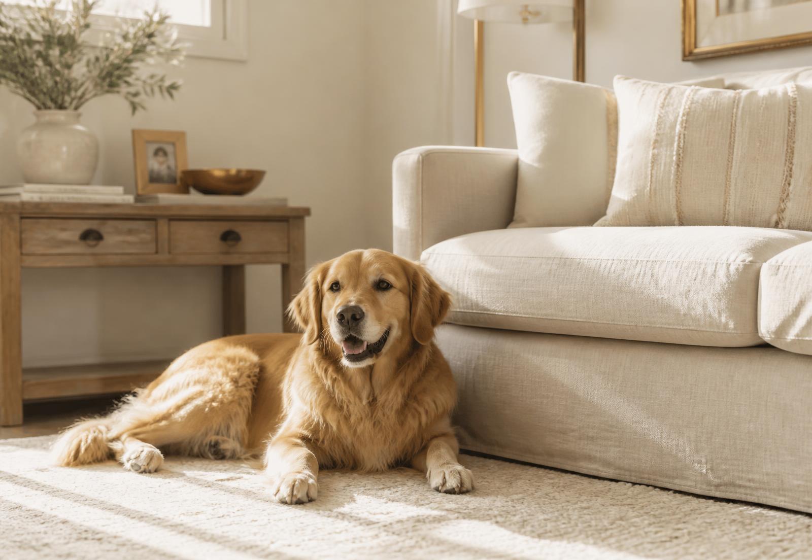 Golden retriever resting in a bright living room during a pet care visit