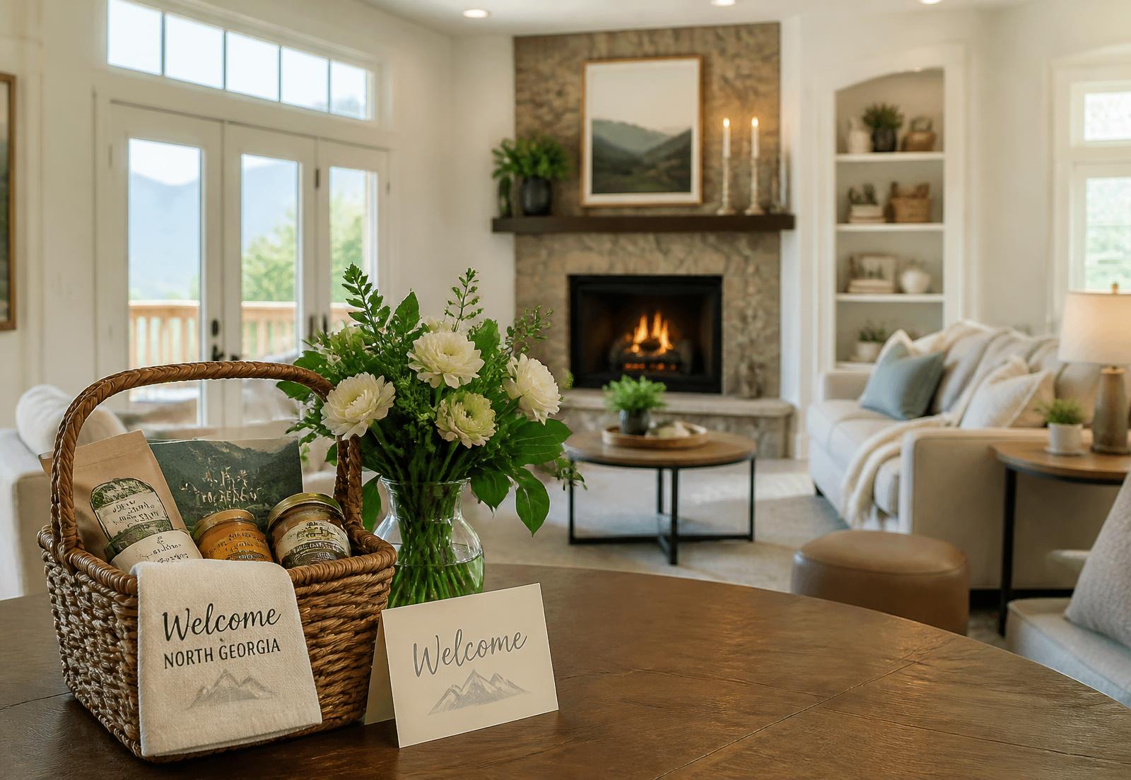 Guest-ready vacation rental living room with a welcome basket and fresh flowers